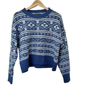 American Eagle Fair Isle Pullover Sweater Size M Blue Cropped Aztec Women's